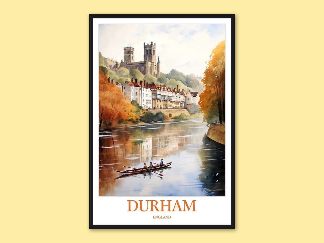 Durham Riverside Houses Rower Boat Autumn Watercolor Travel Poster