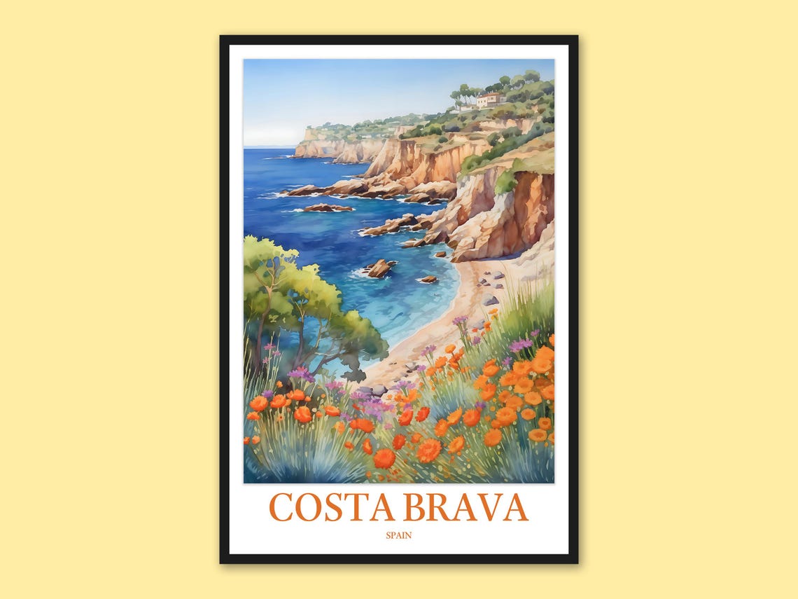 Costa Brava Wildflower Cliffs Turquoise Cove Spain Travel Poster
