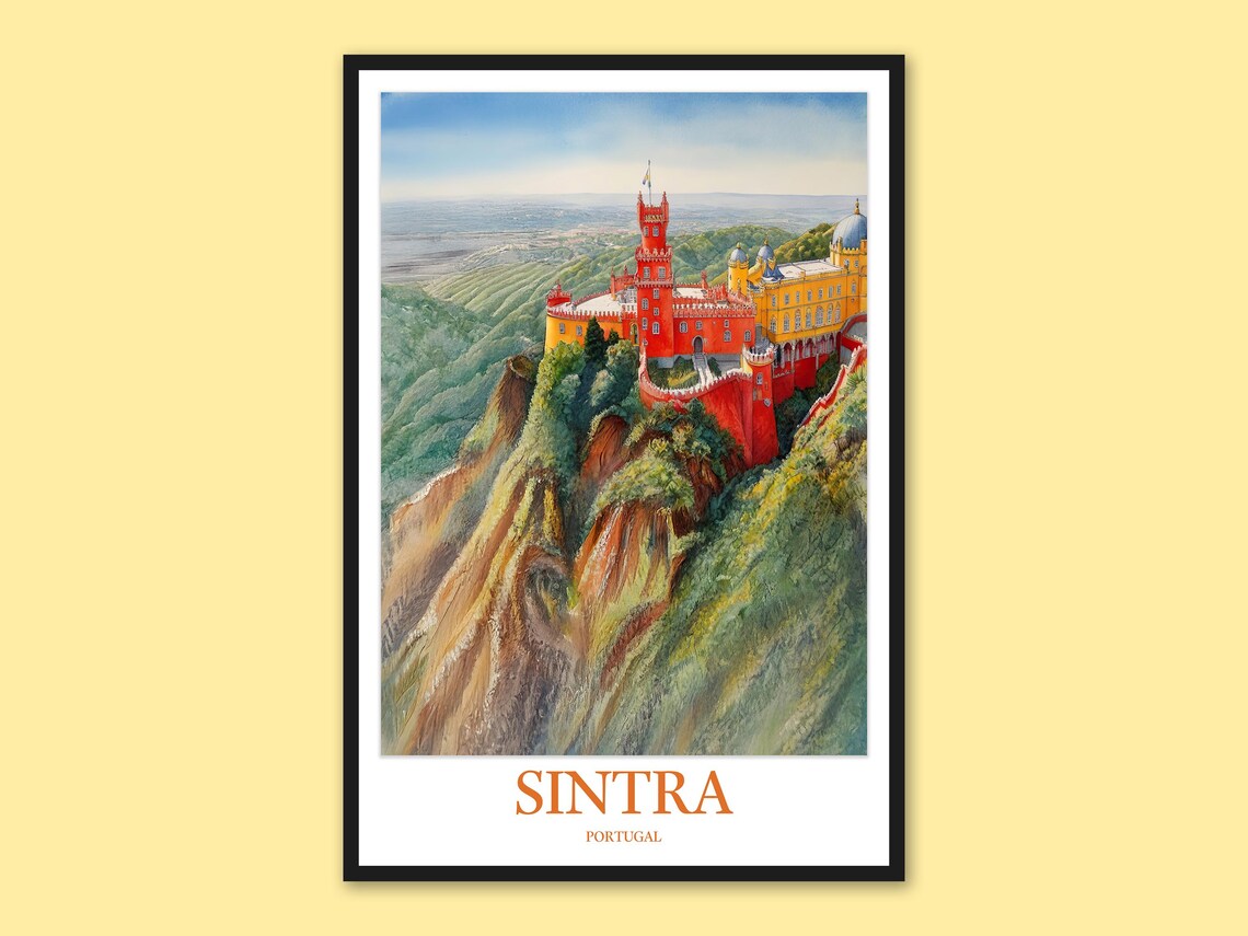 Sintra Portugal Pena Palace Hilltop Castle Vibrant Watercolor Poster