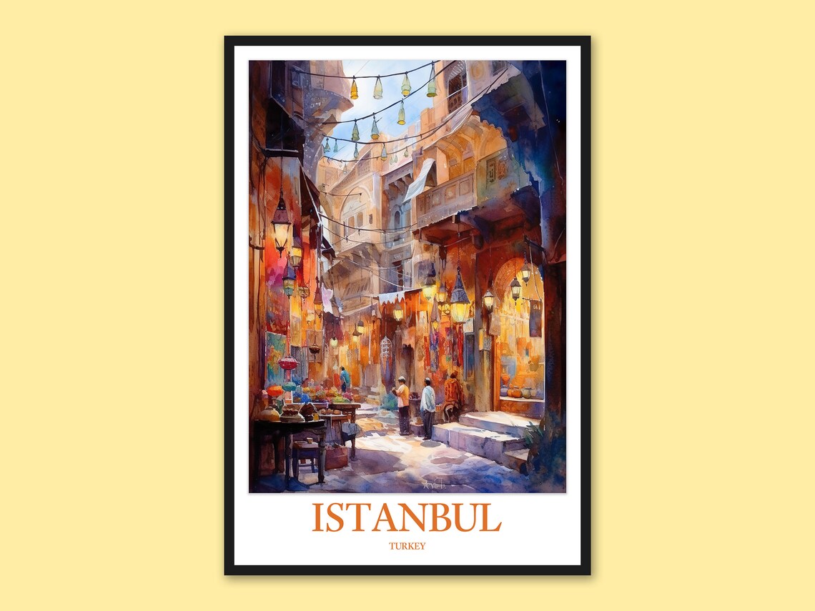 Istanbul Grand Bazaar Lantern Lit Market Street Travel Poster