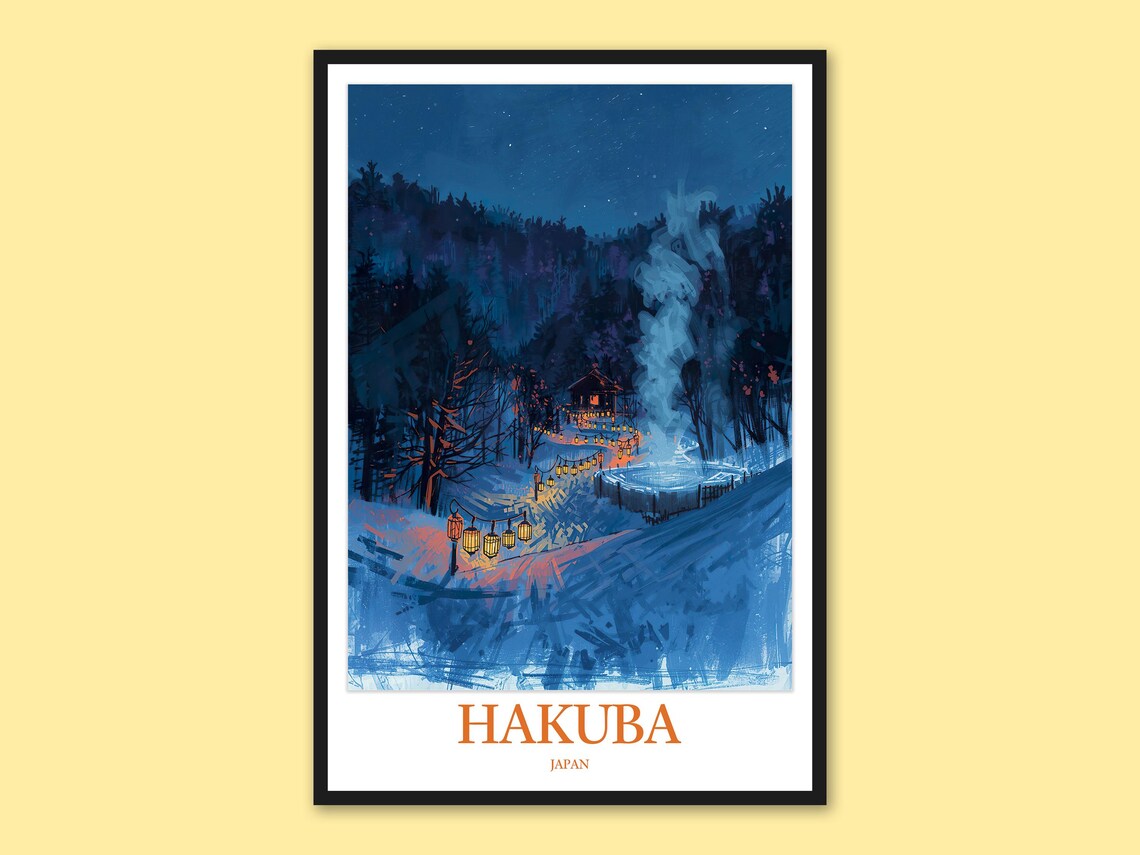 Hakuba Steaming Night Onsen Lanterns Japan Snow Travel Poster