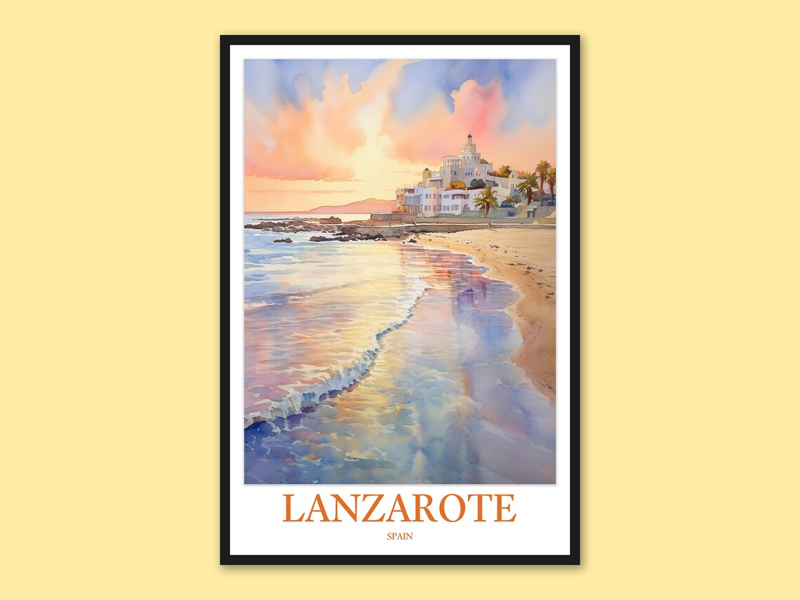 Lanzarote Spain Beach Sunset Watercolor Coastal Travel Poster