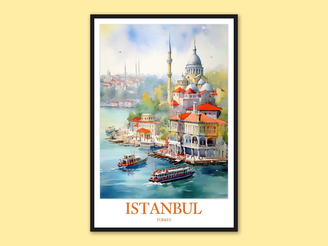 Istanbul Turkey Bosphorus Ferry Mosque Skyline Travel Poster