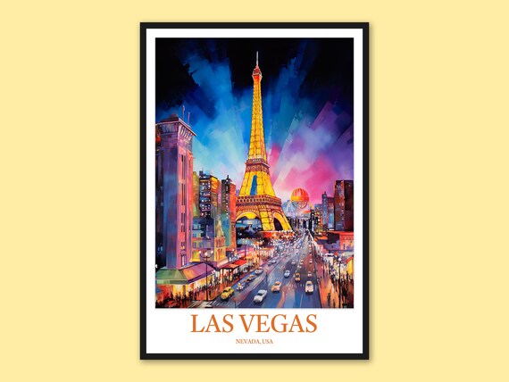 Las Vegas Eiffel Tower Midnight Blue Neon Strip Watercolor Poster