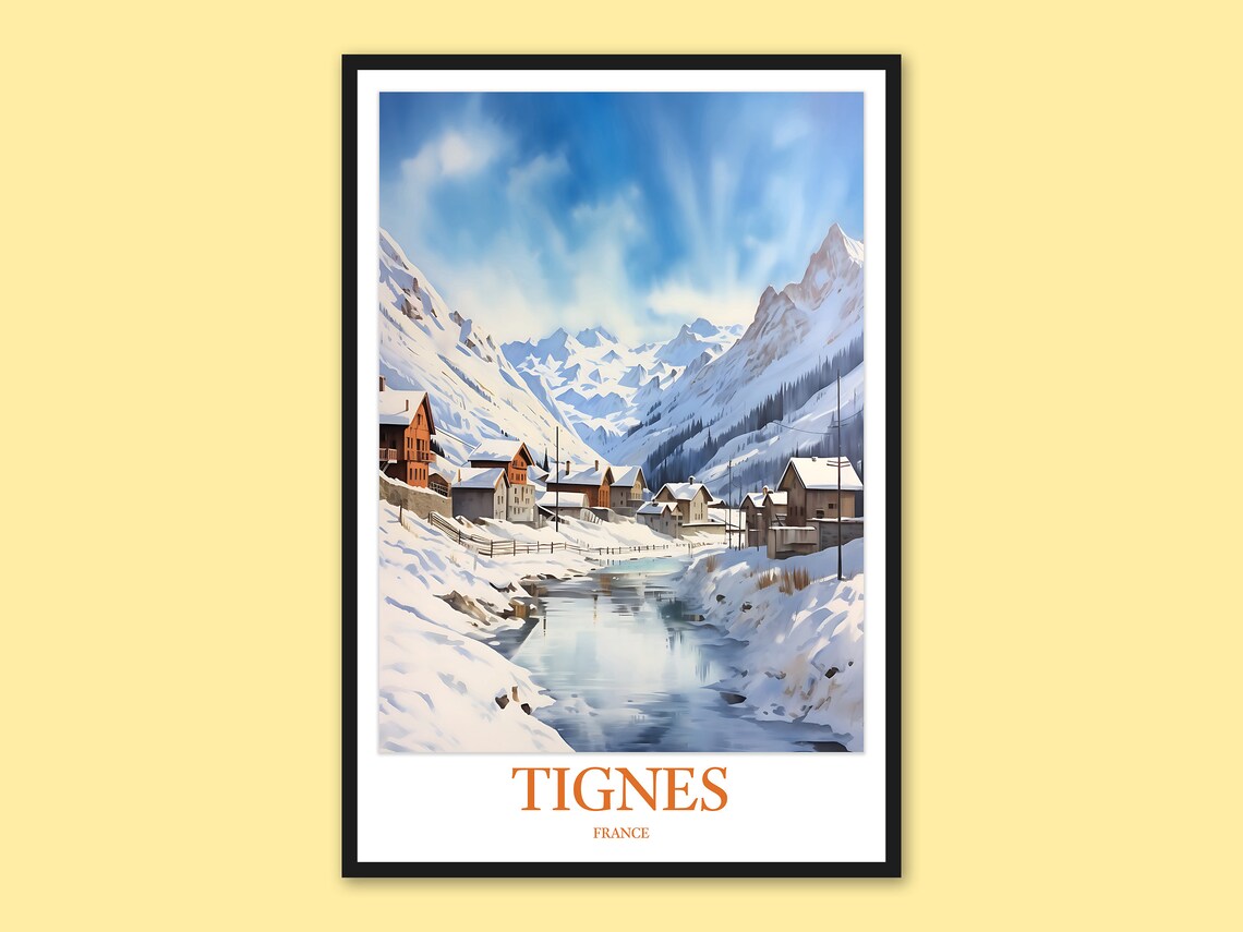 Tignes France Snowy Chalet Village And River Vintage Ski Art Poster