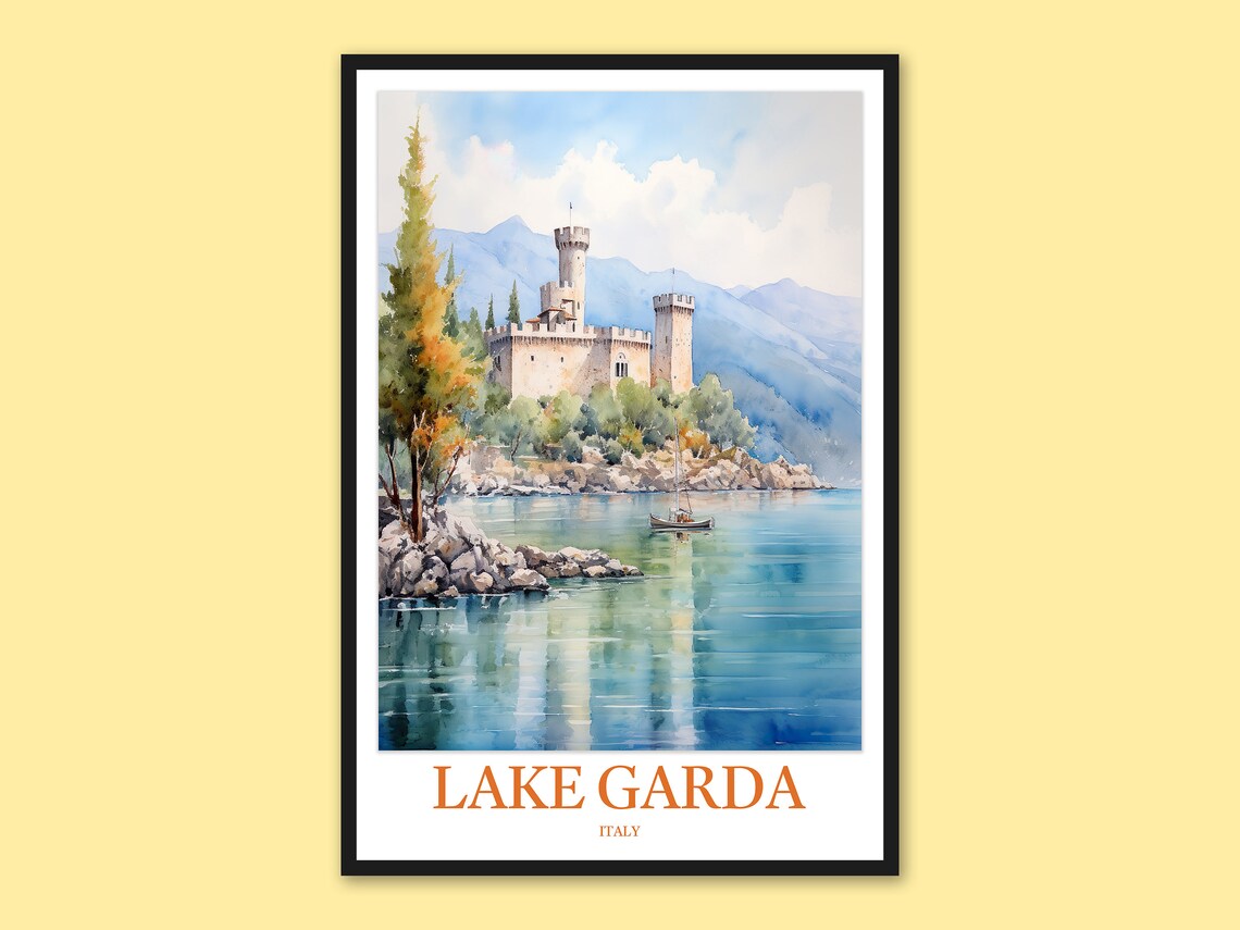Lake Garda Scaliger Castle Shoreline Watercolor Italy Travel Poster