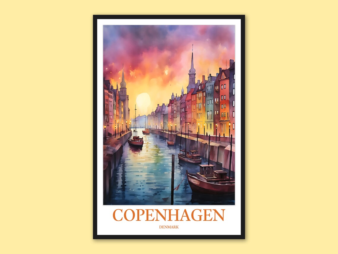 Copenhagen Nyhavn Canal Golden Sunset Watercolor Travel Poster
