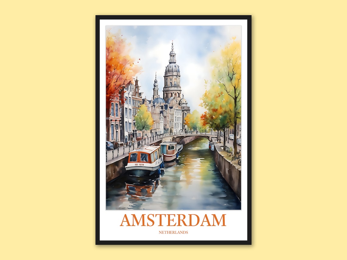 Amsterdam Netherlands Canal Church and Houseboats Watercolor Poster