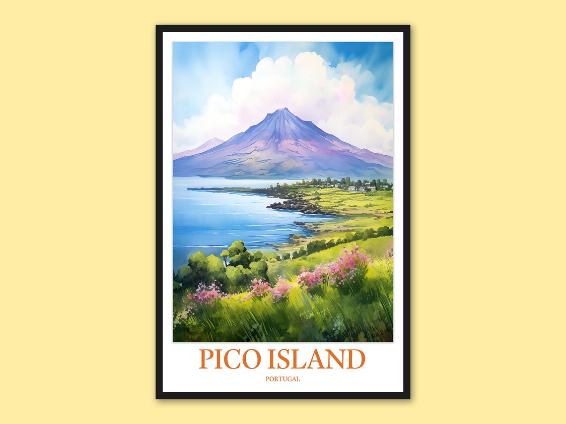Pico Island Portugal Mount Pico Volcano Blue Bay Watercolor Poster