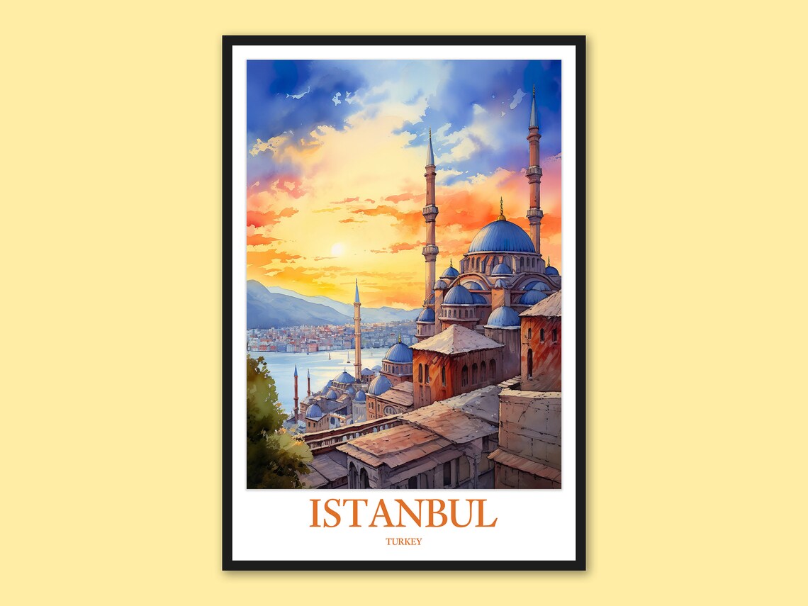 Istanbul Turkey Hilltop Mosque Golden Sunset Watercolor Travel Poster