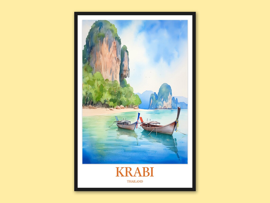 Krabi Thailand Travel Poster Watercolor Longtail Boats Karst Cliff