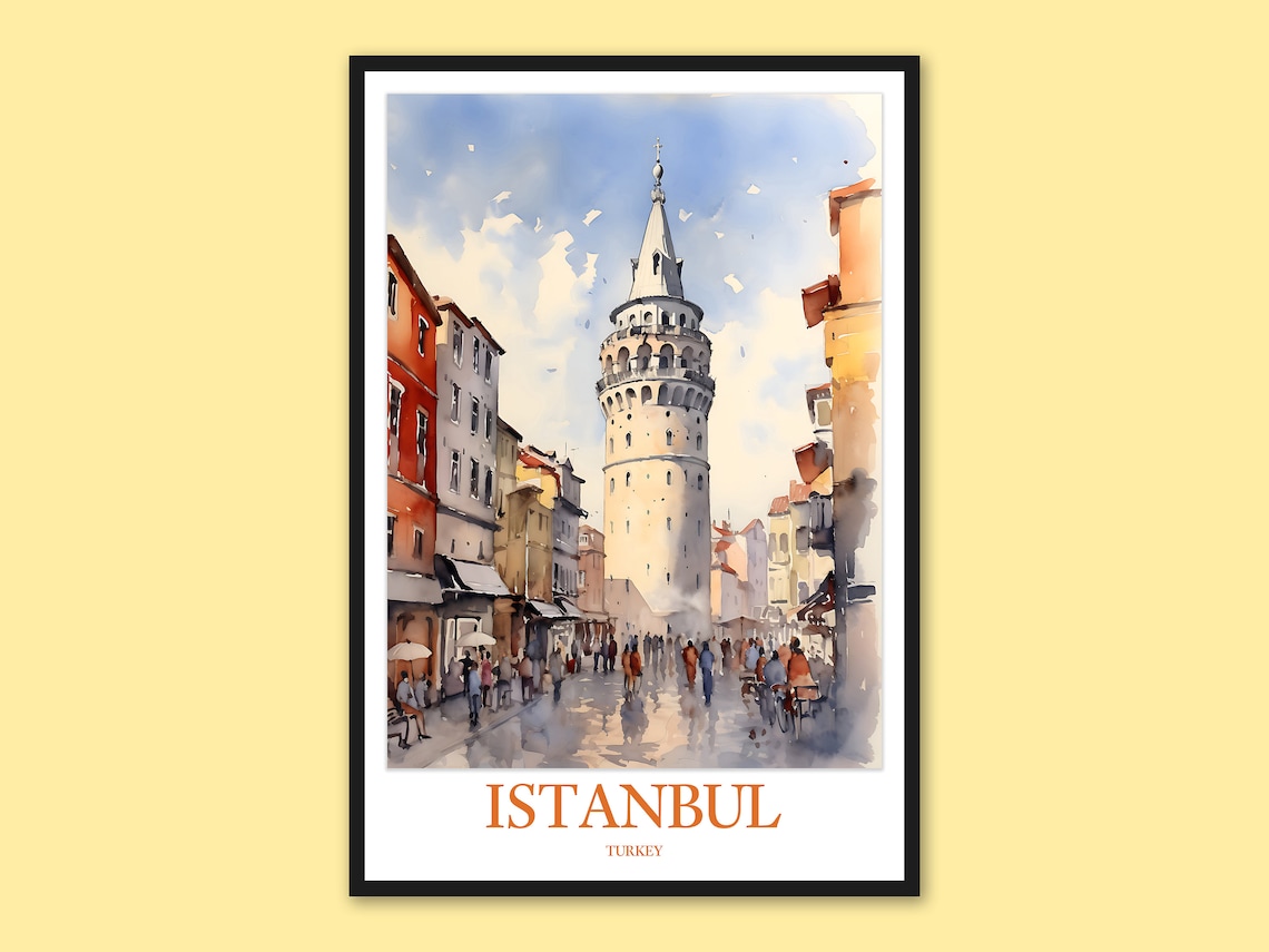 Istanbul Turkey Galata Tower Street Watercolor Travel Poster
