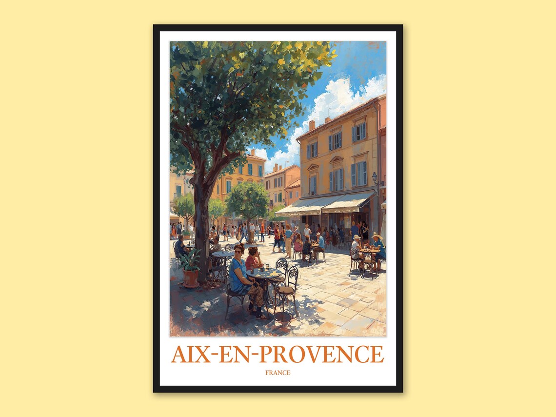 Aix-En-Provence France Bustling Sunny Square With Outdoor Cafes Poster