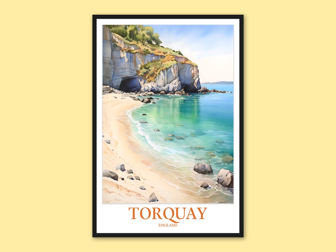 Torquay England White Cliffs Cove Beach Watercolor Art Poster