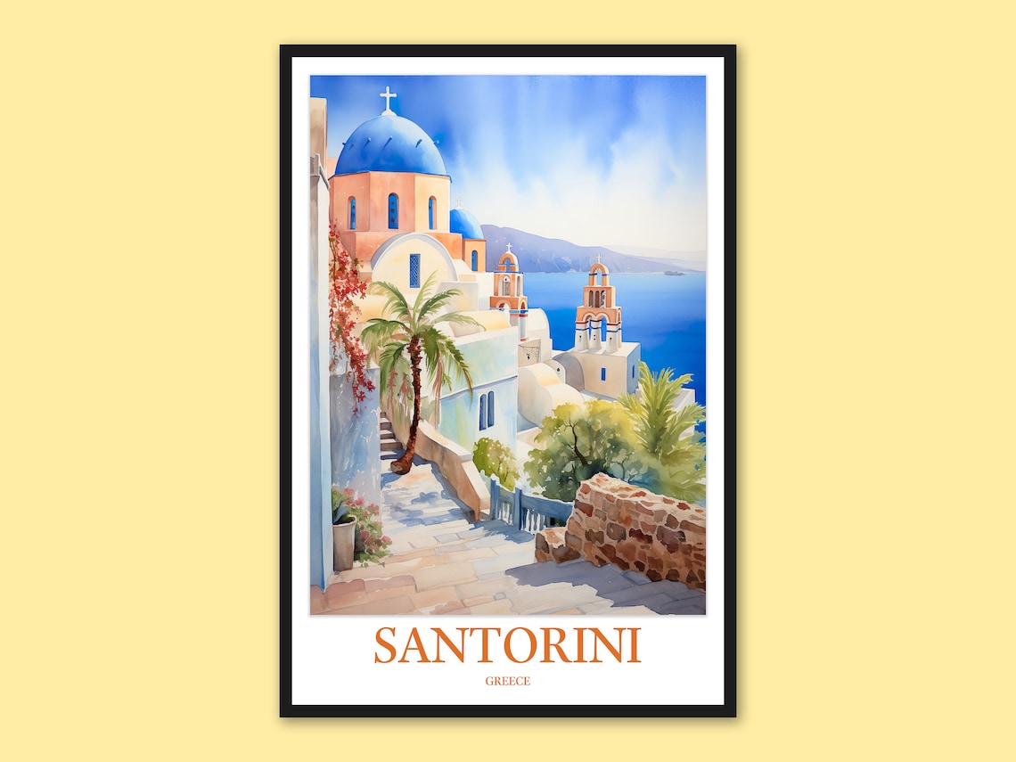 Santorini Greece Blue Domed Church Caldera Watercolor Travel Poster