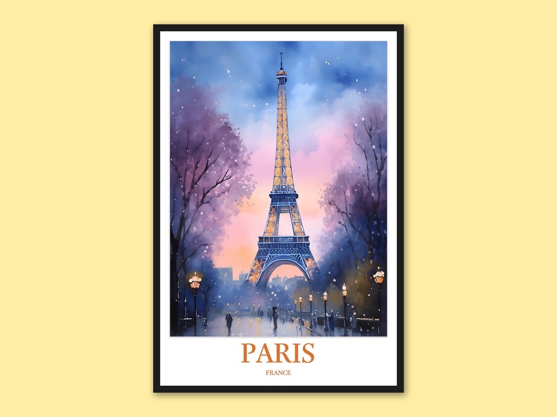 Paris Eiffel Tower Purple Dusk Watercolor France Travel Poster