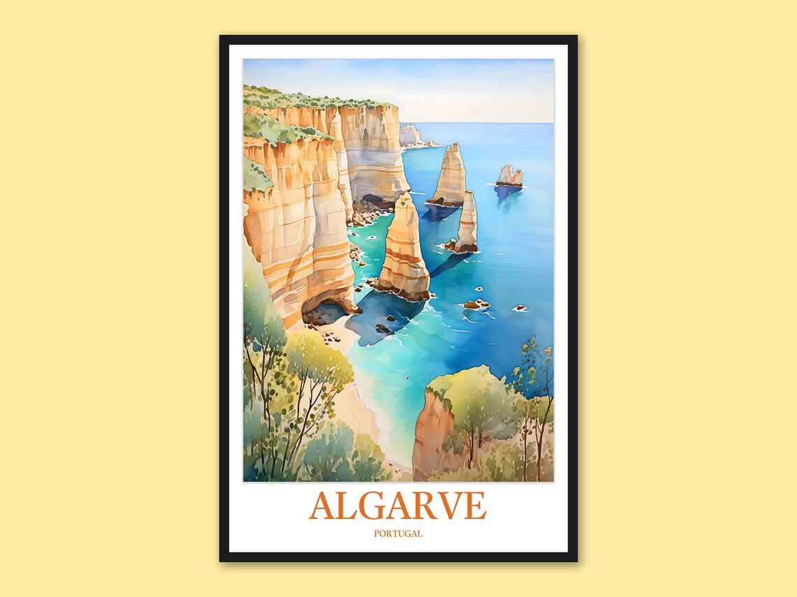 Algarve Portugal Sea Stacks Turquoise Water Watercolor Poster