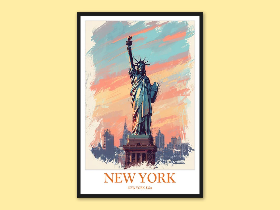 New York Statue of Liberty Painterly Sunset Over Skyline Poster