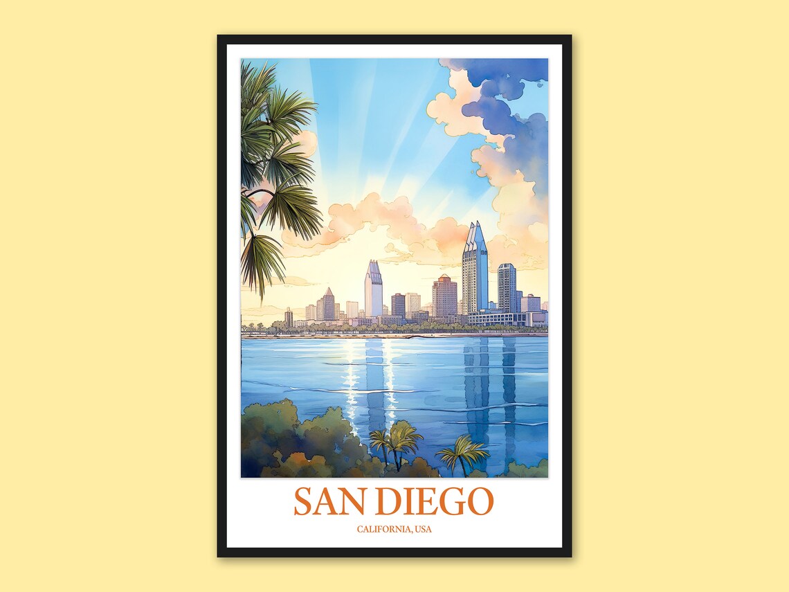 San Diego Downtown Skyline Daytime Bay Watercolor Travel Poster