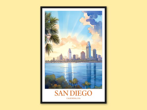 San Diego Downtown Skyline Daytime Bay Watercolor Travel Poster