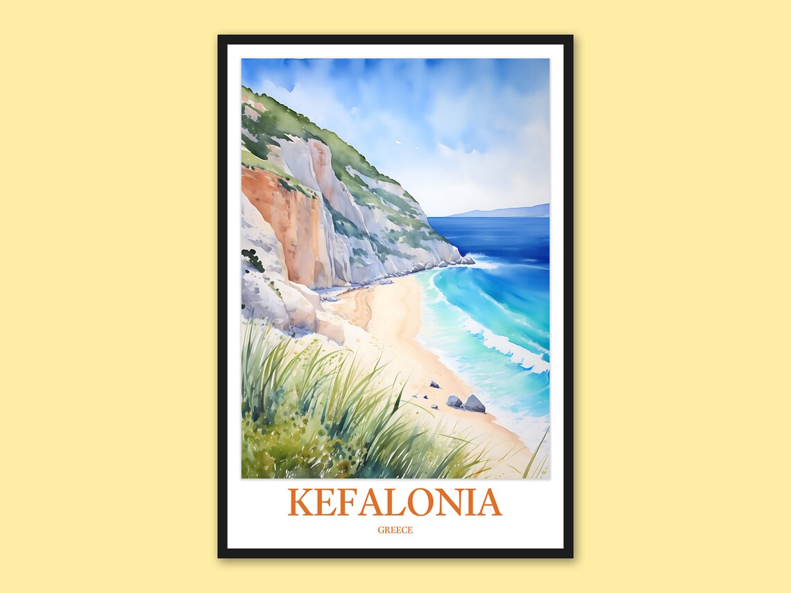 Kefalonia Greece Secluded Cove Cliffs Watercolor Travel Poster