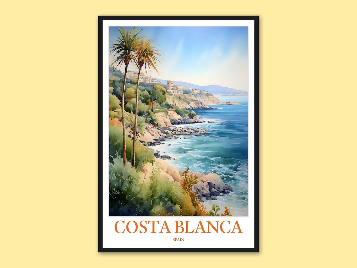 Costa Blanca Spain Palm Trees on Rocky Cliffs Coastline Travel Poster