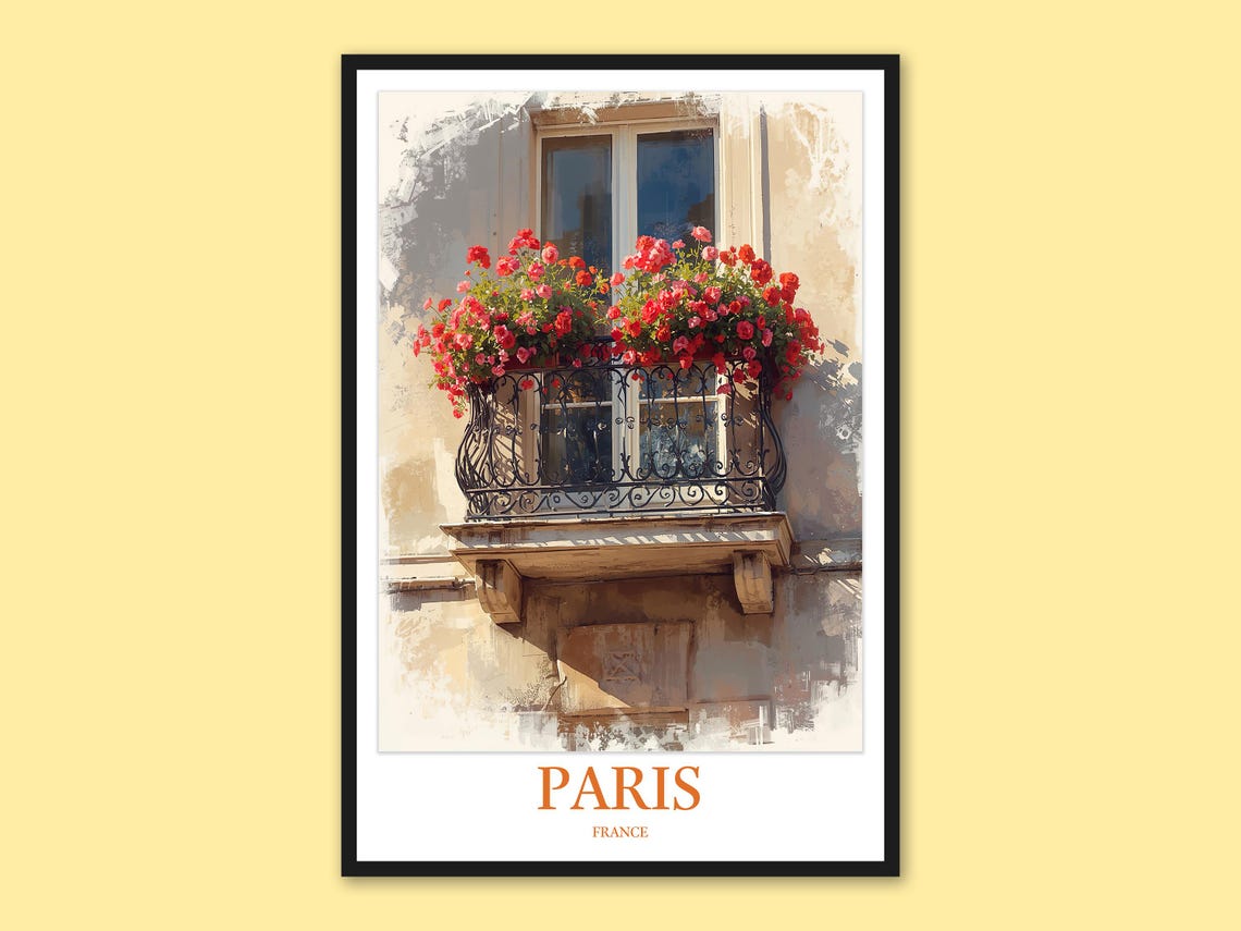 Paris Le Marais Flower Balcony Red Geraniums Street Travel Poster