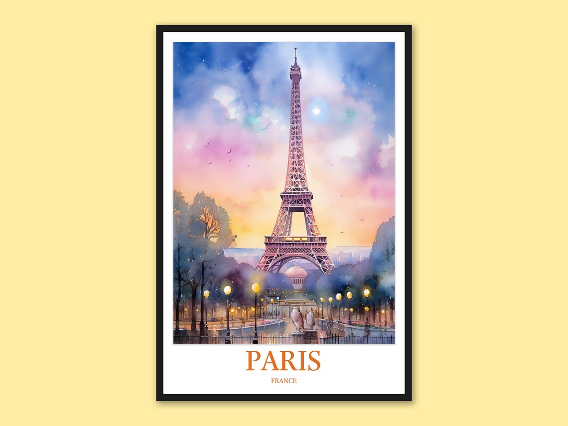 Eiffel Tower Sunset with Glowing Street Lamps Watercolor Poster
