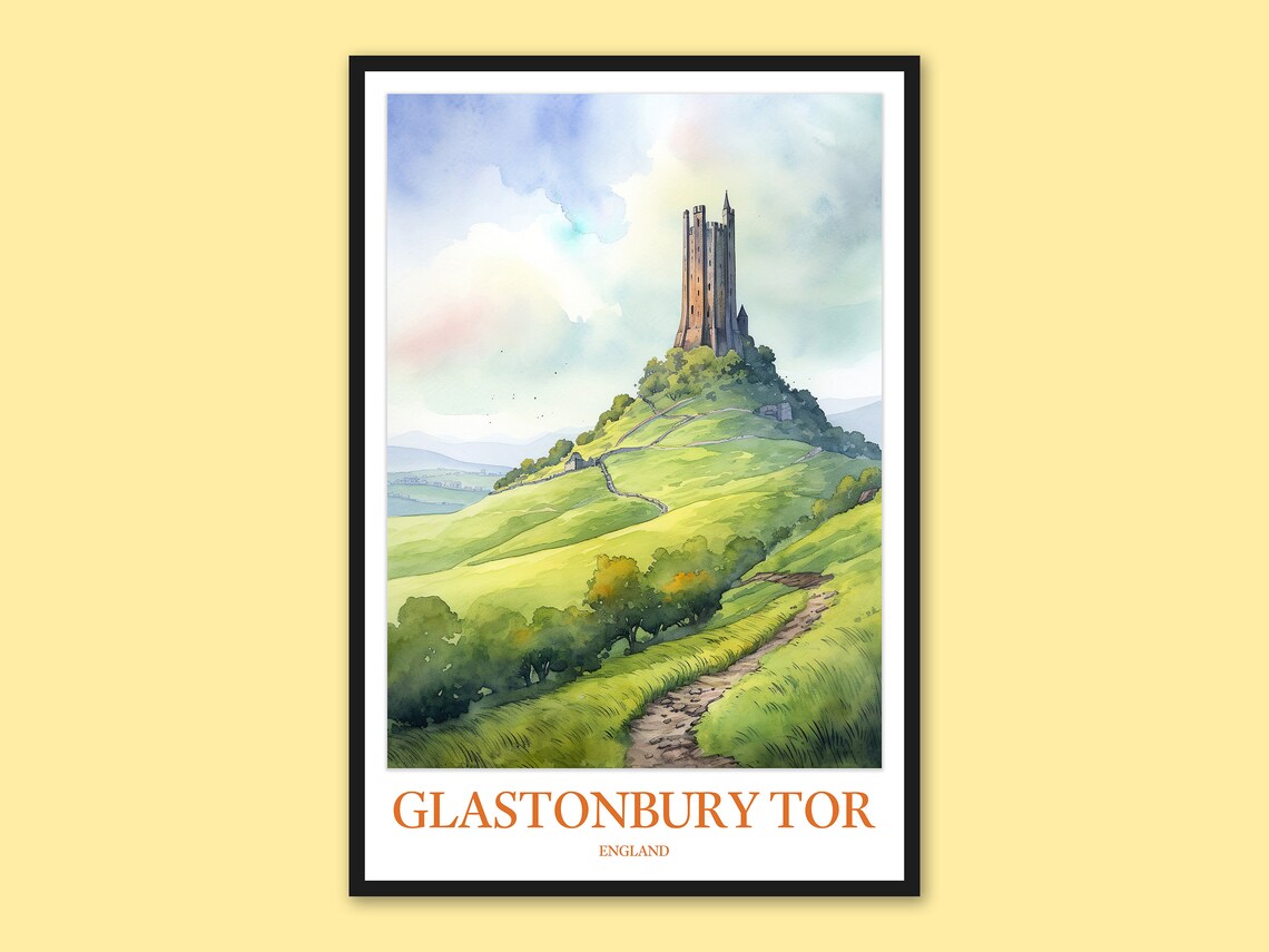 Glastonbury Tor England Watercolor Travel Poster Green Hills and Tower
