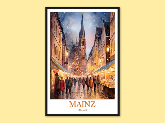 Mainz Germany Christmas Market Snowy Night Watercolor Holiday Art Poster