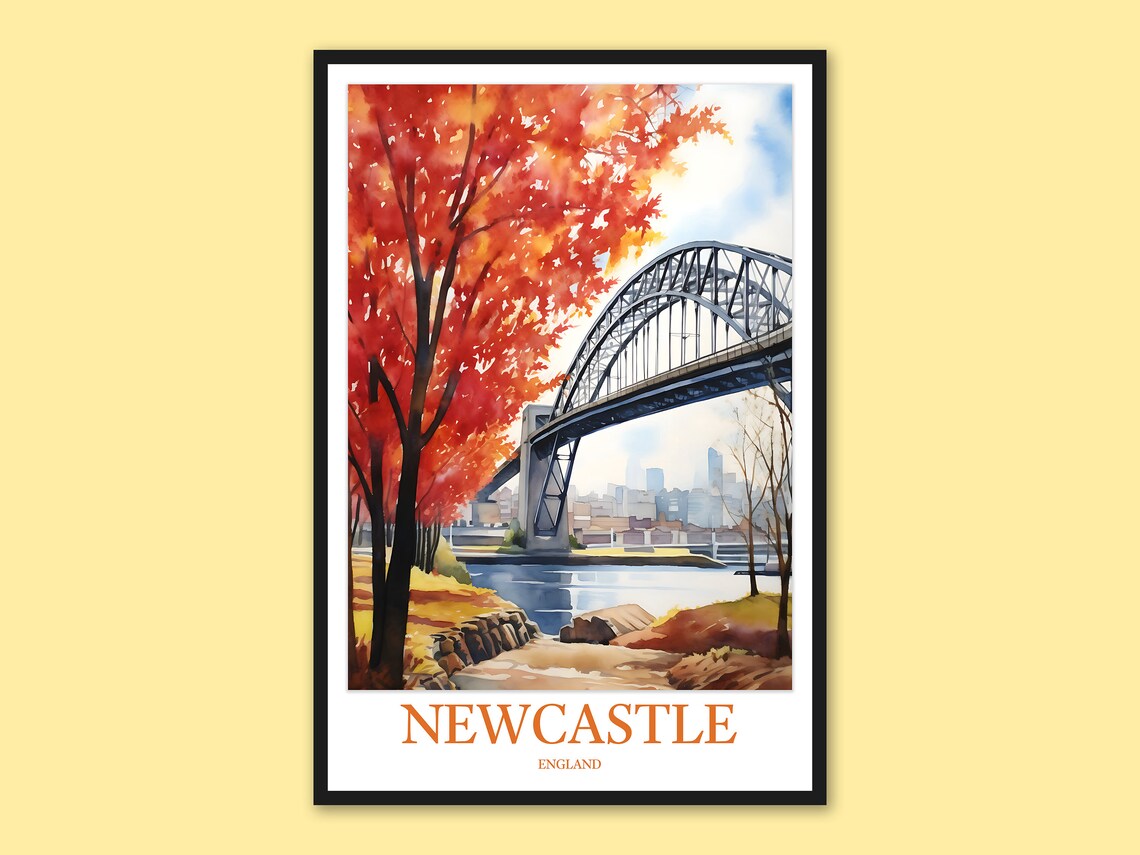 Newcastle Tyne Bridge Red Trees Poster, England Autumn River Travel Art
