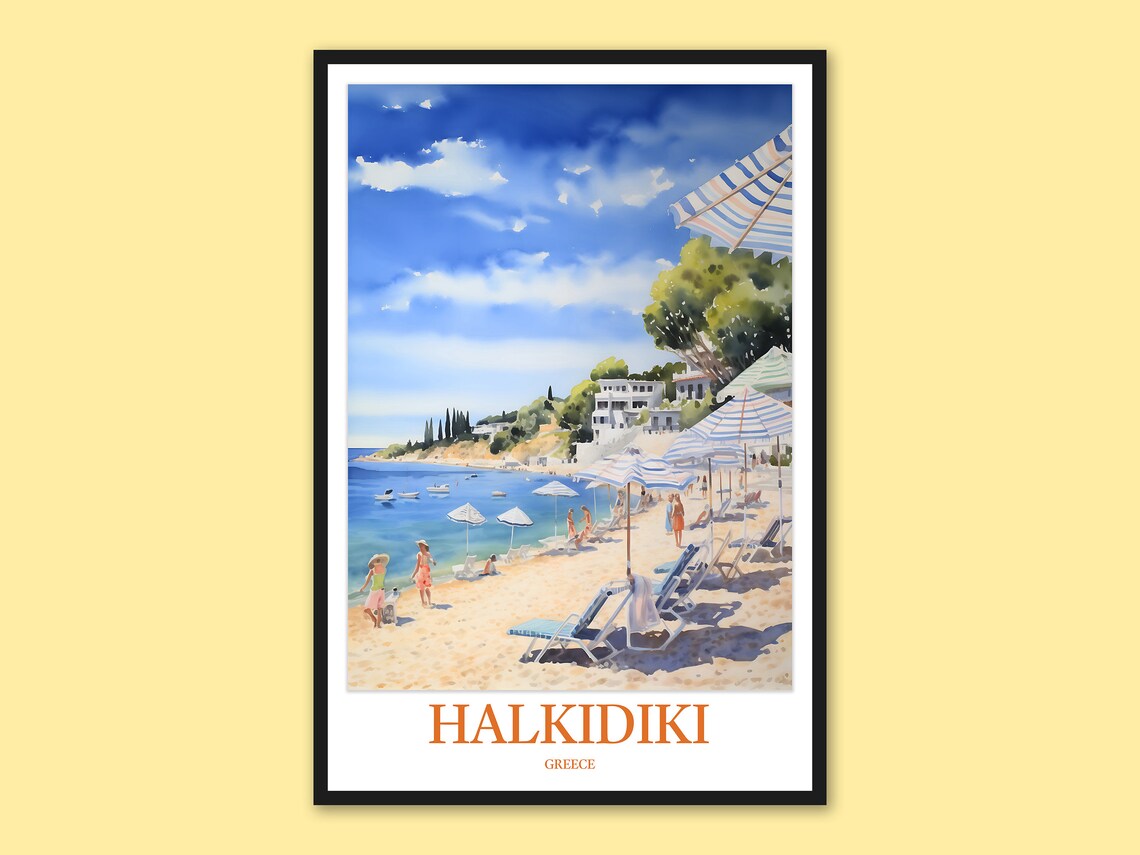 Halkidiki Greece Beach Scene Sun Loungers Watercolor Travel Poster