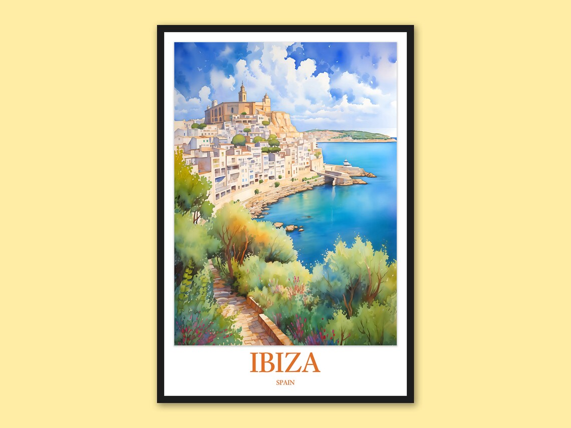Ibiza Spain Dalt Vila Old Town Watercolor Coastal Travel Poster