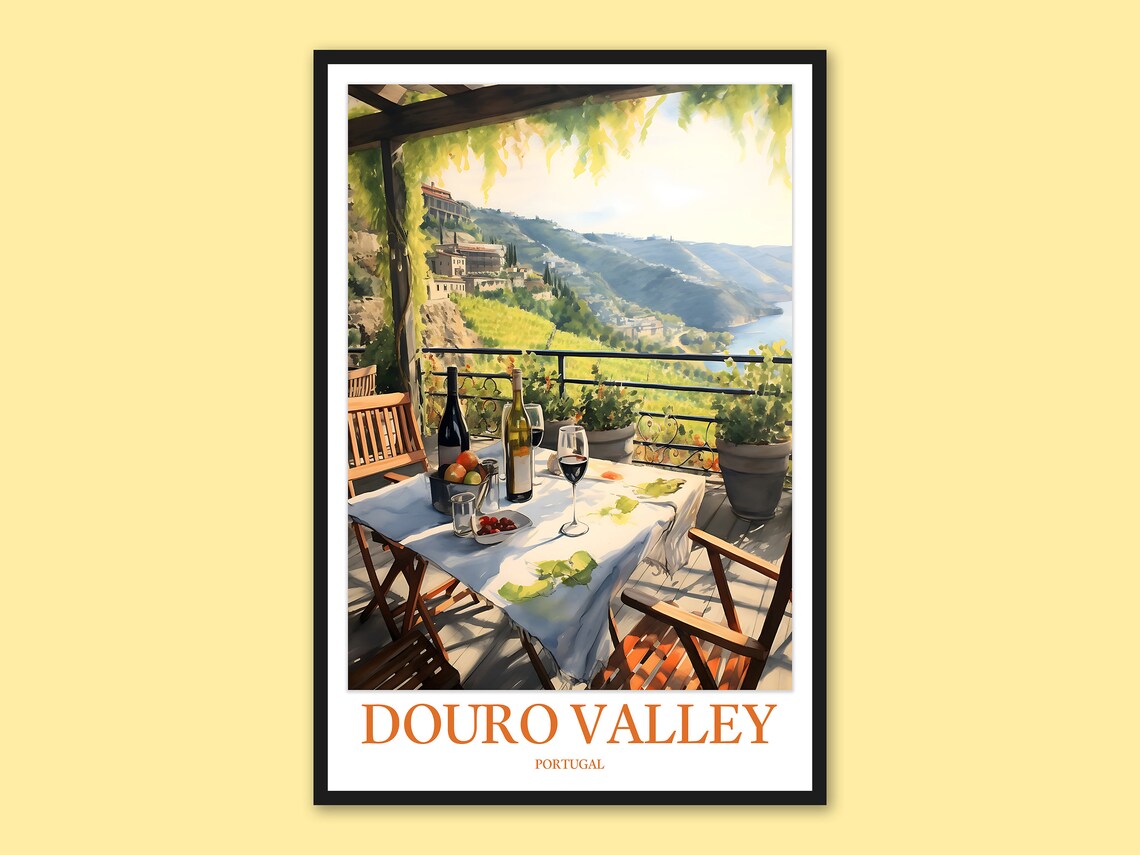 Douro Valley Portugal Terrace Wine Lunch Watercolor Travel Poster