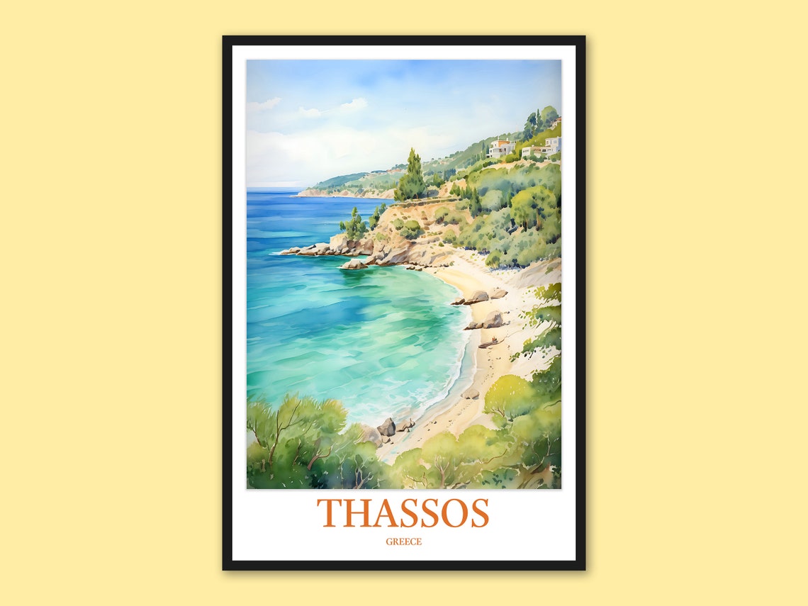Thassos Greece Sandy Cove Turquoise Waters Watercolor Travel Poster