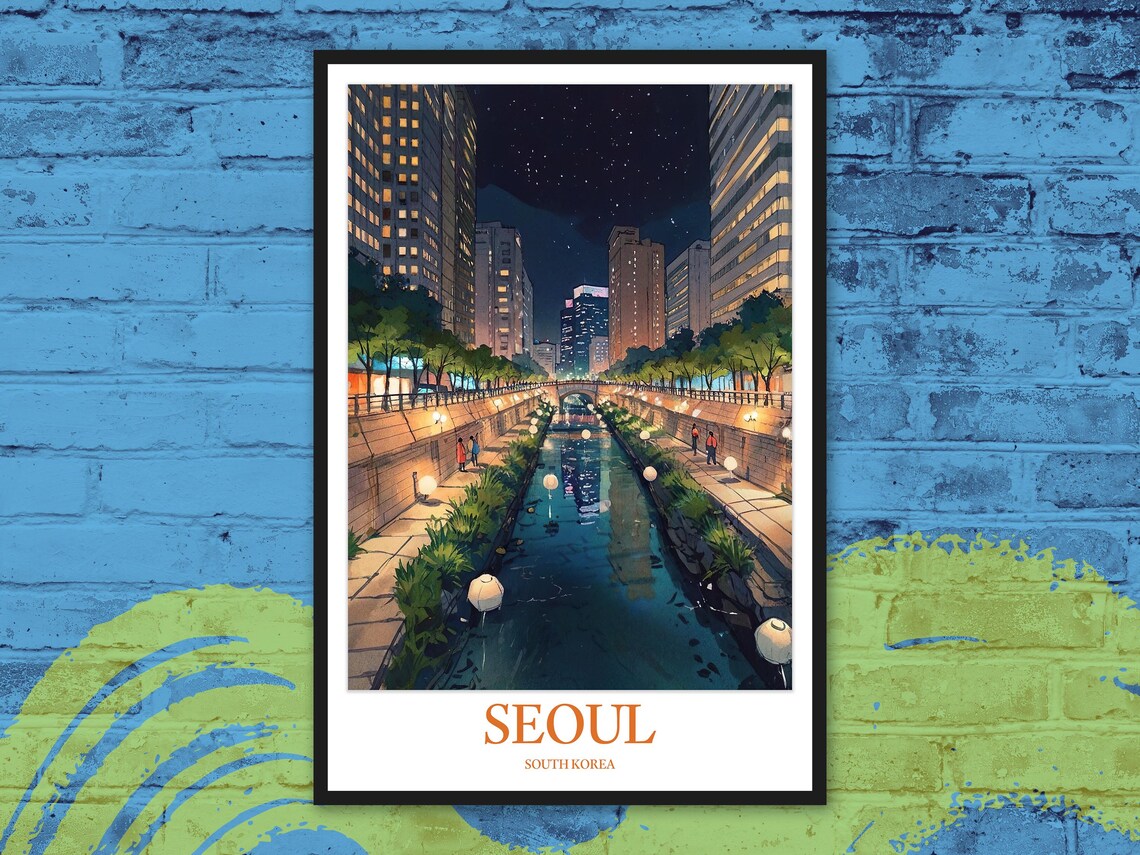 Seoul Night Stream Cheonggyecheon Red Lanterns Glow Travel Poster
