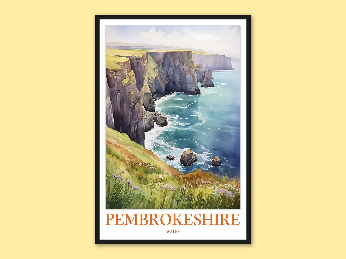 Pembrokeshire Wales Sea Stacks Cliff Top View Travel Poster Coast