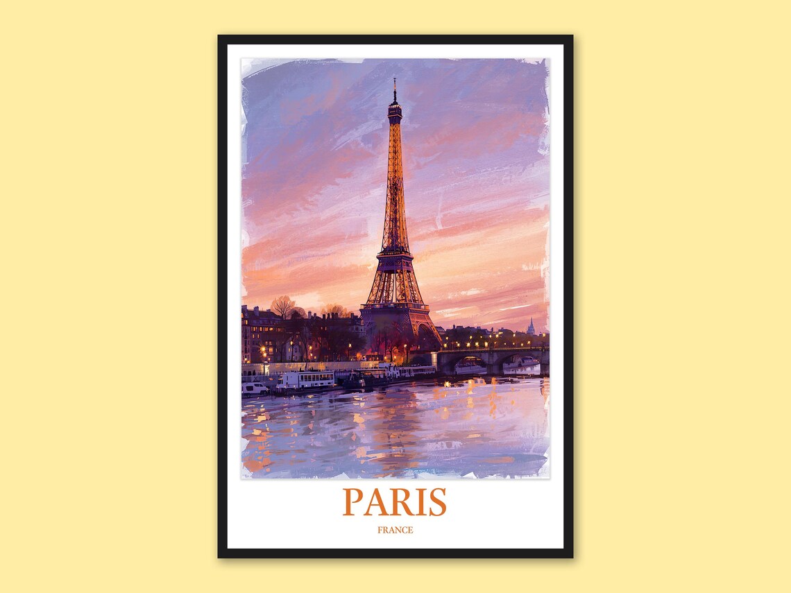 Eiffel Tower Sunset Over the Seine Paris France Travel Poster