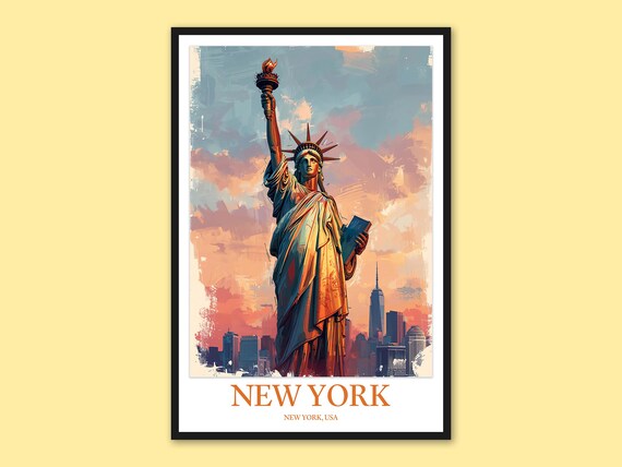 New York Statue Of Liberty Golden Sunset Skyline Art Print Piece