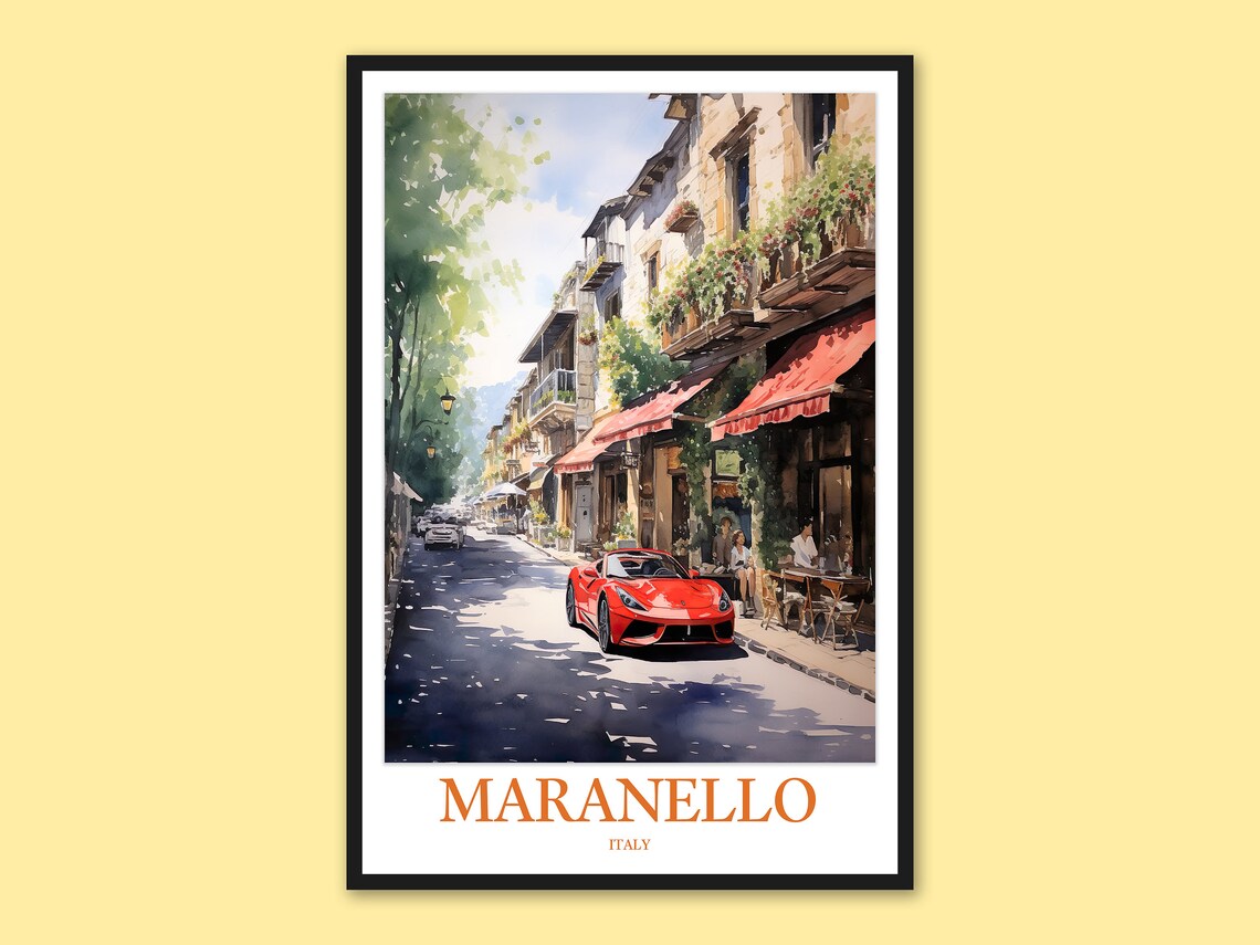 Maranello Italy Watercolor Street Red Sports Car Travel Poster