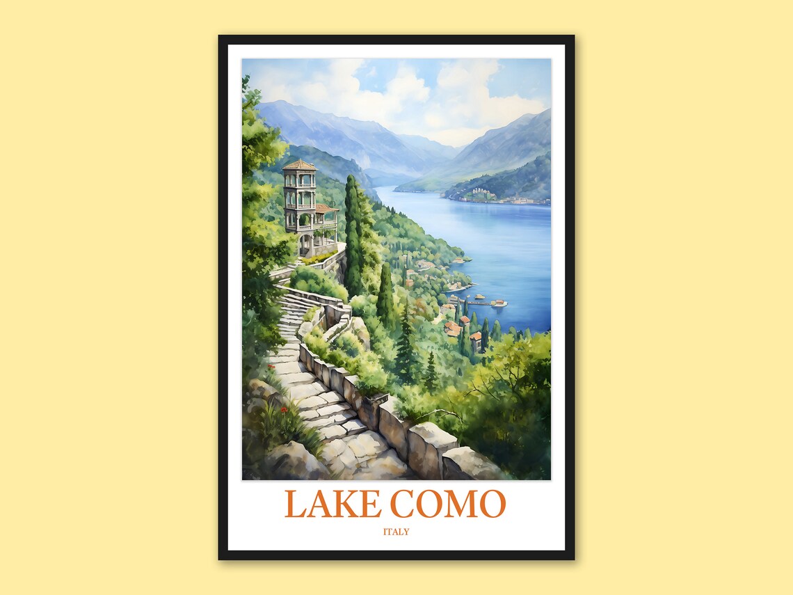 Lake Como Watercolor Stone Staircase Overlooking Italian Lake Poster