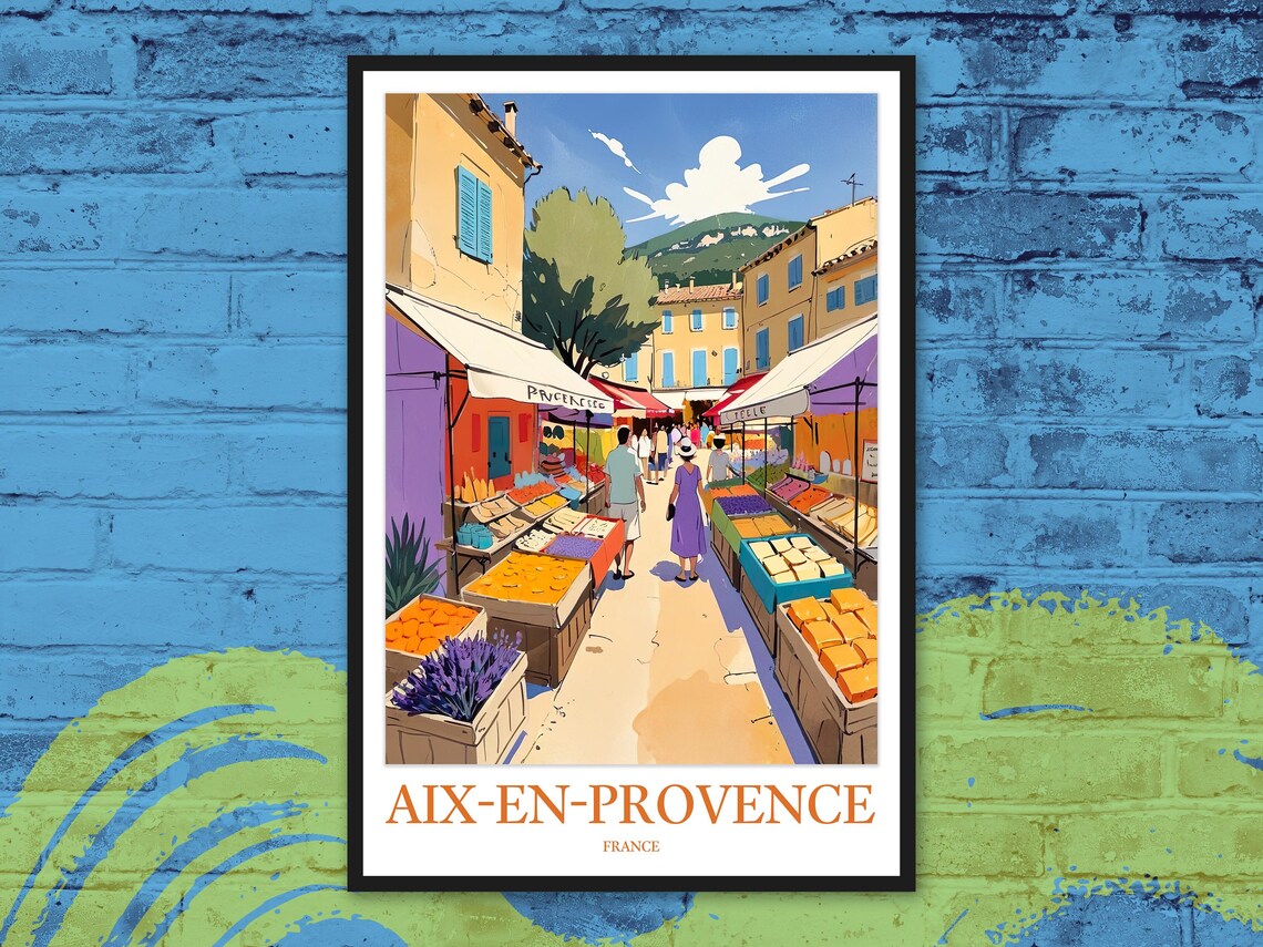 Aix-en-Provence Colorful Lavender Produce Market Day Travel Poster