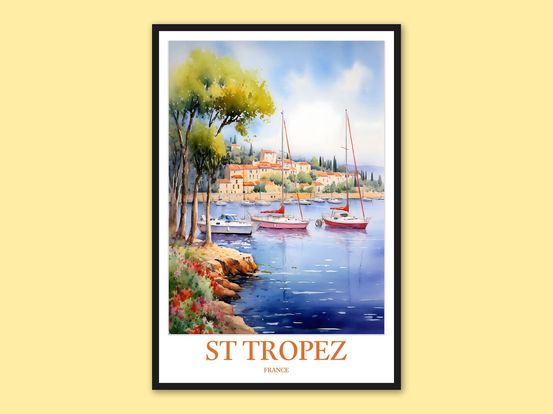 St Tropez Rocky Shore Sailboats Hillside Town Watercolor Poster
