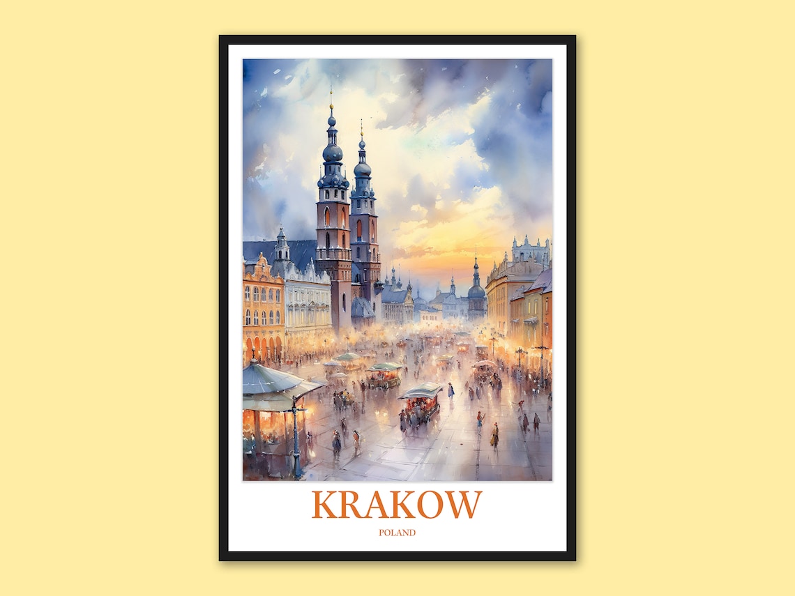 Krakow Poland Main Square At Evening Sunset Golden Travel Poster