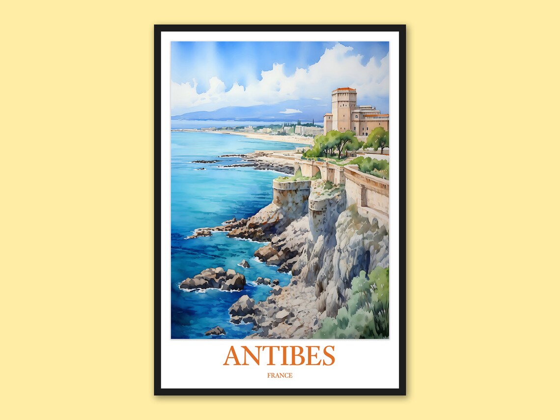 Antibes France Mediterranean Coast Cliffs Watercolor Travel Poster