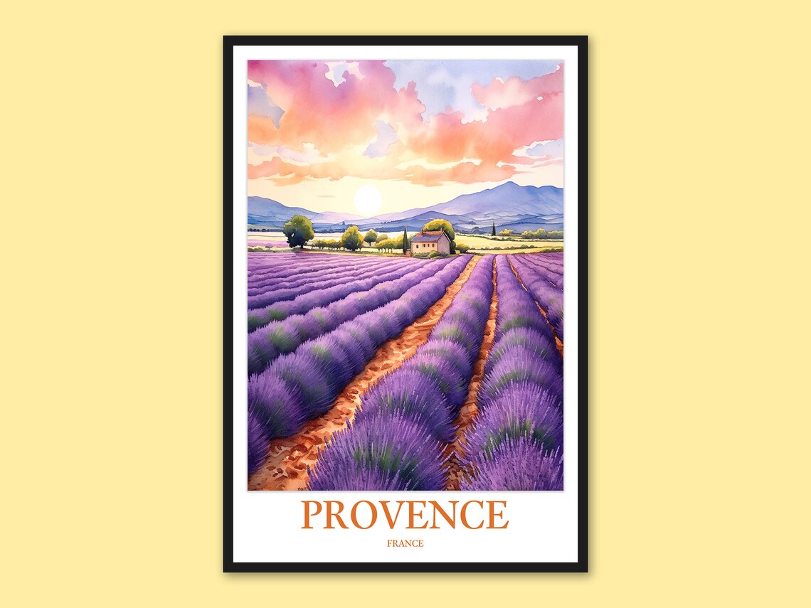 Provence France Lavender Fields Sunset Watercolor Travel Poster
