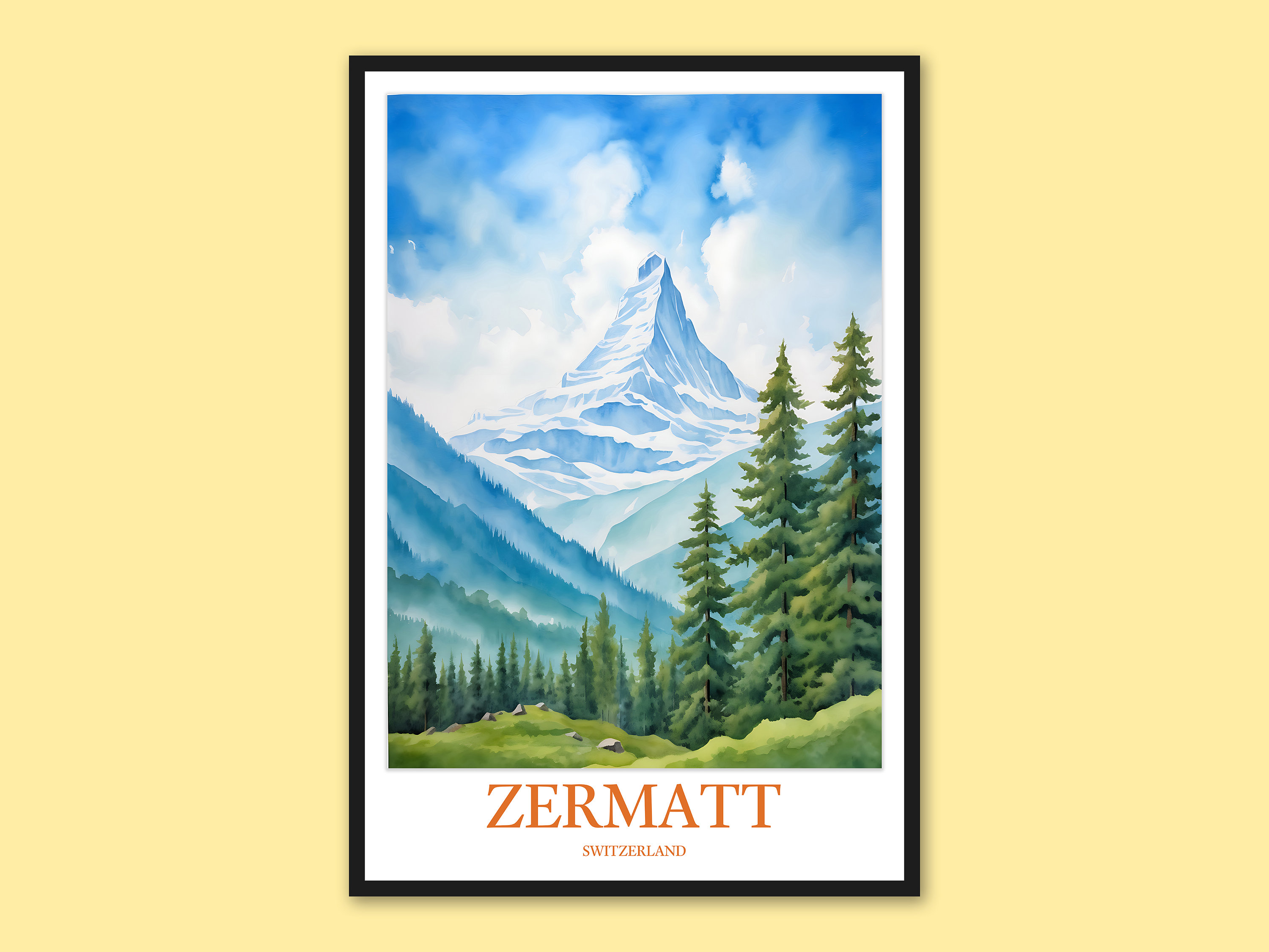 Zermatt Summer Matterhorn Green Pine Forest Watercolor Poster