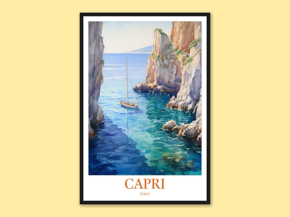 Capri Turquoise Cove Cliffs Sailboat Watercolor Italy Poster