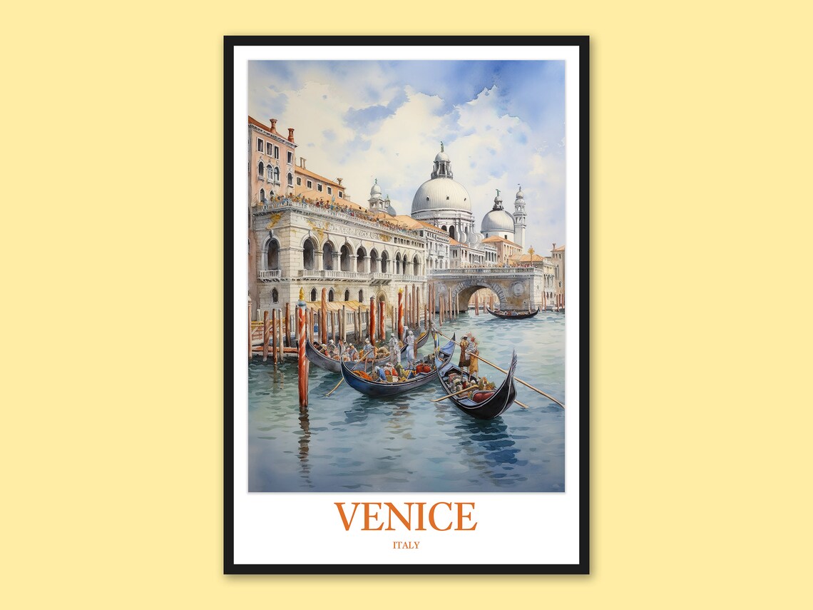 Venice Italy Watercolor Poster Gondolas At Grand Canal Palace