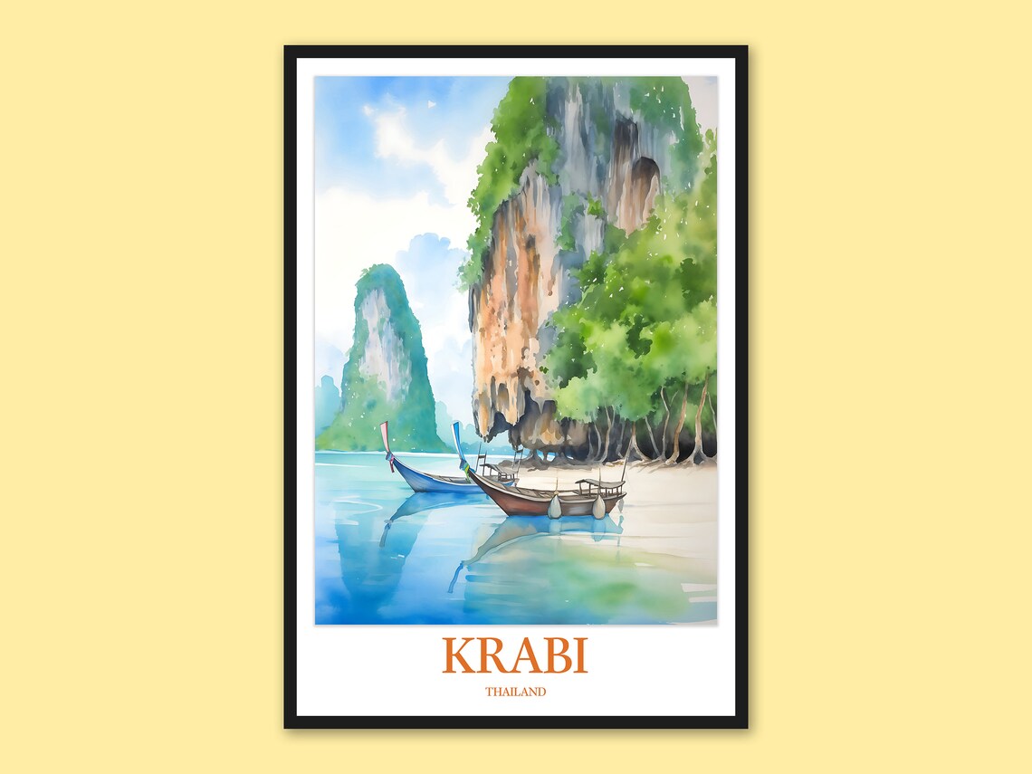 Krabi Thailand Watercolor Poster Longtail Boat Karst Cliff Reflection